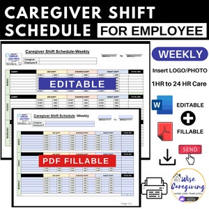 Caregiver Shift Schedule, Home Care Employee Schedule Template, Personal Care Business Organizer, Insert LOGO, Editable and Fillable Format
