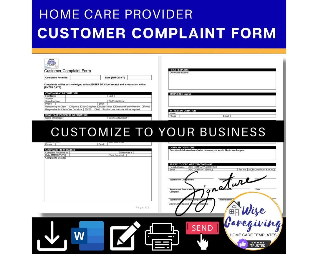 Home Care Customer Complaint Form Template, Personal Care Business