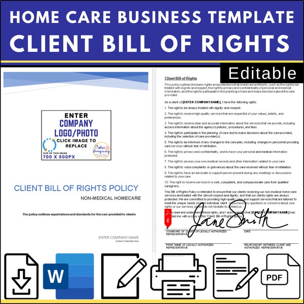 Home Care Client Bill of Rights Form, Personal Care Agency Template, Compliance Document, Signature, Non Medical, Editable, Printable