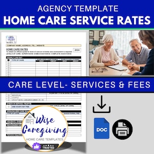 Home Care Agency Rates Template, Agency Service Price List, Caregiving Fees, Cost of Care for In Home Assistance, Non-Medical, MS Word Doc