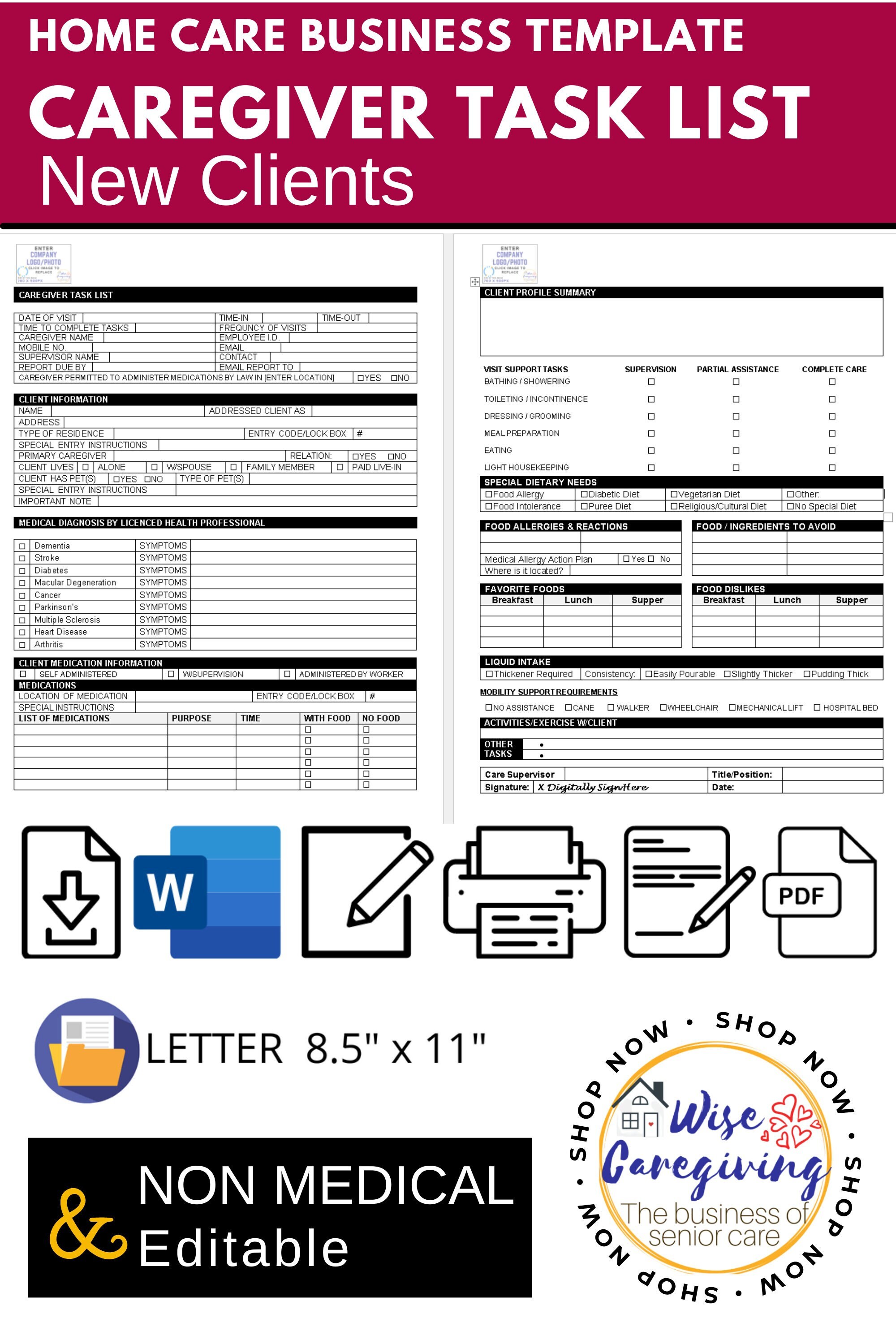 Caregiver Task List and Care Plan for Caregiver Employee Etsy Canada