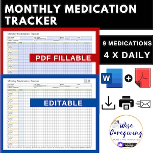 Monthly Medication Tracker Template, Fillable Medication Chart, Medical Log, Home Care, Senior Care, Fillable Form, Editable, LOGO, Print