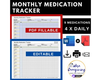 Monthly Medication Tracker Template, Fillable Medication Chart, Medical Log, Home Care, Senior Care, Fillable Form, Editable, LOGO, Print