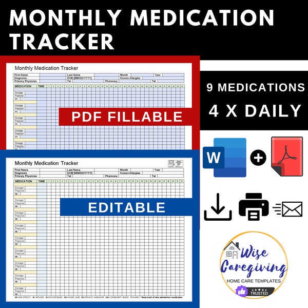 Monthly Medication Tracker Template, Fillable Medication Chart, Medical Log, Home Care, Senior Care, Fillable Form, Editable, LOGO, Print