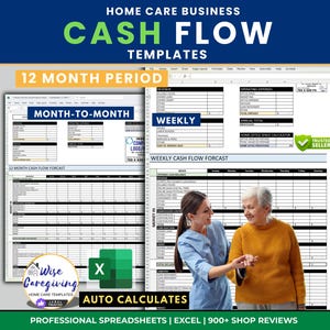 Home Care Business Cash Flow Templates: 12-Month Forecasting Spreadsheets | Weekly & Monthly | Printable
