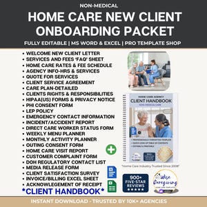 May include: A home care onboarding pack with a list of services, forms, and agreements. The pack includes a client handbook, a photo of a care team, and a 900+ five-star reviews badge. The text reads "Home Care New Client Onboarding Packet."