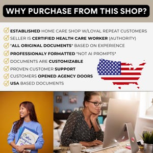 May include: Image promoting a home care shop, featuring text: "WHY PURCHASE FROM THIS SHOP?" and bullet points about the shop's benefits. Includes a graphic of the USA flag and two women, one holding documents.