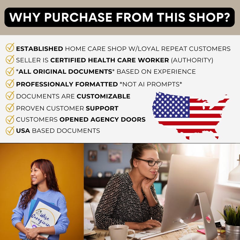 May include: Image promoting a home care shop, featuring text: "WHY PURCHASE FROM THIS SHOP?" and bullet points about the shop's benefits. Includes a graphic of the USA flag and two women, one holding documents.