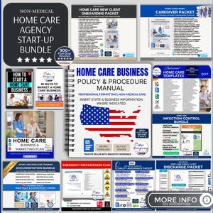 May include: A collection of home care business documents, including a start-up bundle, onboarding packet, caregiver packet, and policy and procedure manual. The documents are designed for non-medical home care agencies. The bundle includes templates and marketing plans.