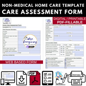 Home Care Assessment Fillable Form Template, Non Medical Agency, Personal Care Service, Caregiving, New Client Intake Information, Printable