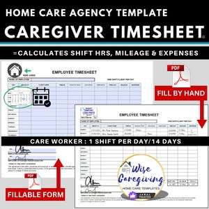 Caregiver Timesheet Template, 14-Day Shift Record, One Main Full Time Client Per Day, Non-Medical, Home Care Forms, PDF Format, Printable