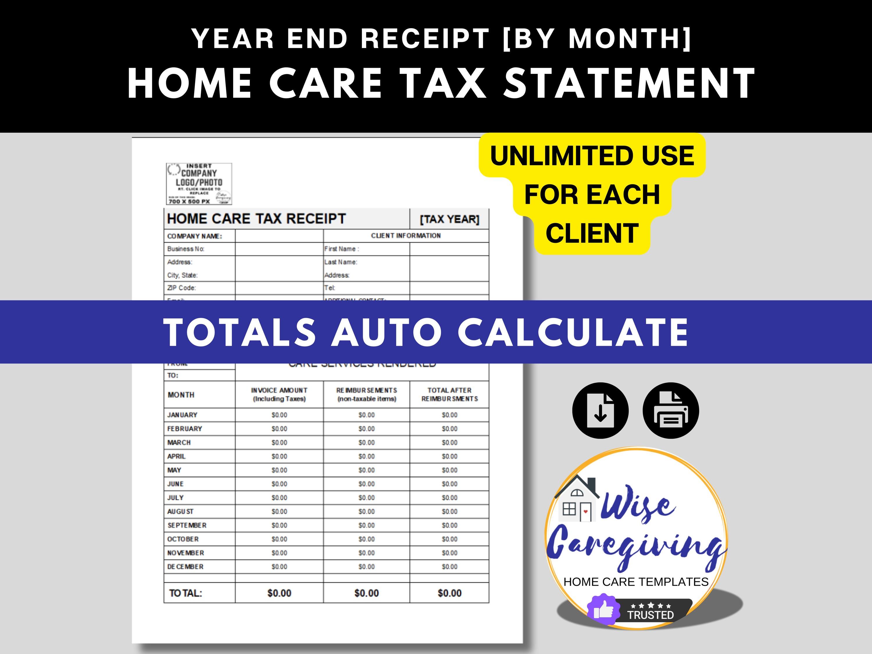 Service Agency Yearly Tax Receipt Template, Month by Month Services Rendered, Total Fees Charged, MS Word, Printable Template