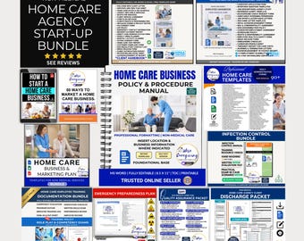 May include: A comprehensive home care agency start-up bundle featuring multiple digital document templates, including policy and procedure manuals, caregiver hiring packets, infection control guides, and training documentation for non-medical services.