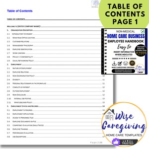 May include: A document titled "Table of Contents" with a detailed list of topics. Includes a handbook graphic for a non-medical home care business, with the text "Easy to Insert Information Where Indicated".
