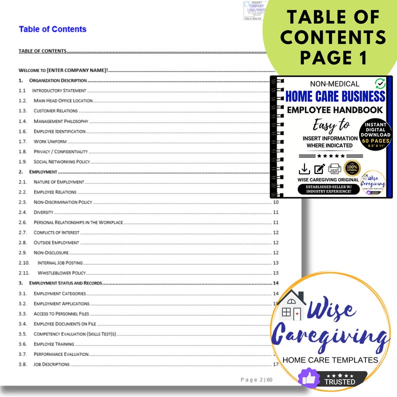 May include: A document titled "Table of Contents" with a detailed list of topics. Includes a handbook graphic for a non-medical home care business, with the text "Easy to Insert Information Where Indicated".