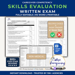 Caregiver Competency Exam Template: Non Medical Home Care Employee Skills | Multiple Choice | MS Word