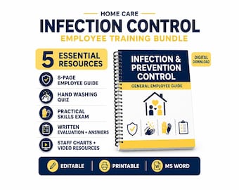 May include: A Home Care Infection Control employee training bundle featuring a spiral-bound guide with a blue and yellow cover. The bundle includes five essential resources: an 8-page guide, hand washing quiz, skills exam, evaluation, and staff charts.
