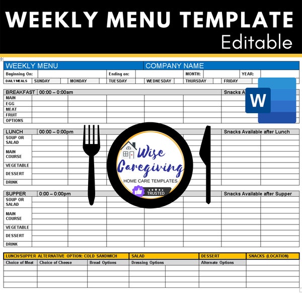 Weekly Meal Planner, Home Care Template, Assisted Living Menu, Organize Breakfast Lunch and Supper, Editable, Printable