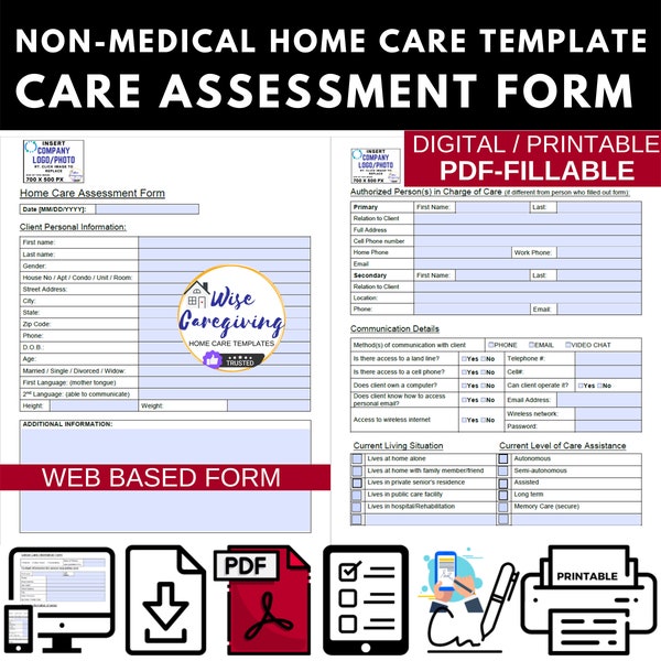 Home Care Client Information and Assessment Fillable Form Template, Non Medical Agency, Personal Care Service, New Client Intake, Printable