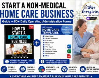 May include: A digital business kit for starting a non-medical home care agency. Includes a PDF guide titled How to Start a Home Care Business and a collection of over 80 administrative templates in Word, Excel, and PDF formats for daily operations.