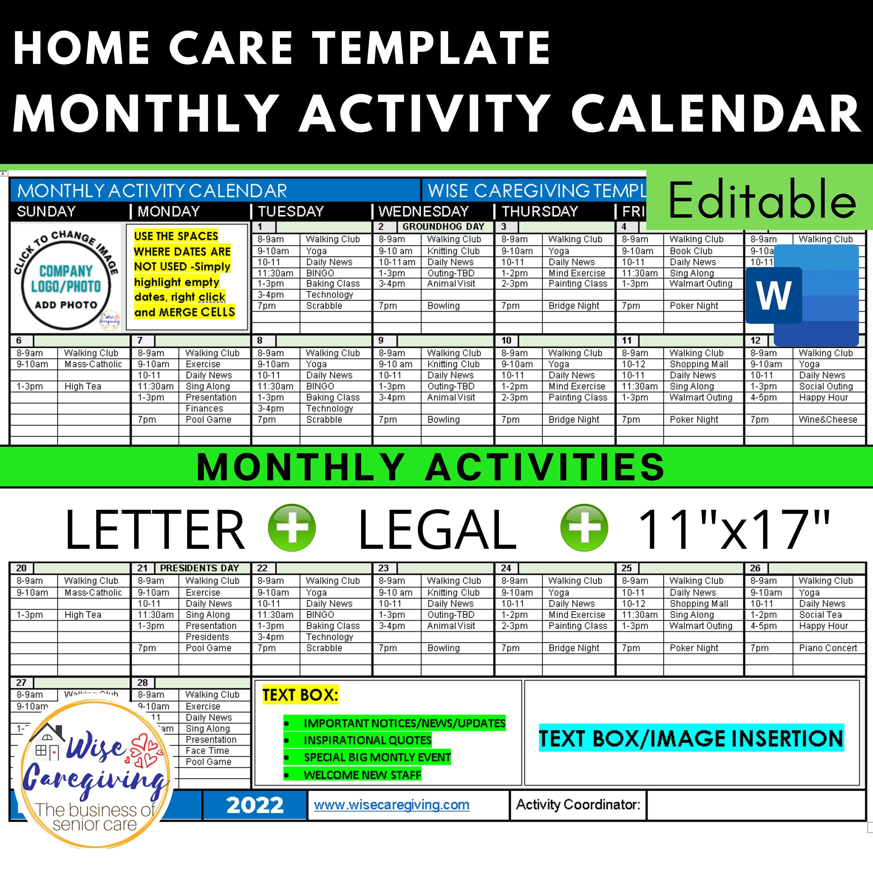 Monthly Activity Calendar Home Care Template Monthly Event Etsy
