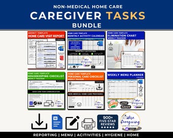 Non-Medical Home Care Bundle: Menu Planning, Activities, Hygiene Support, Cleaning Chart, and Visit Repot