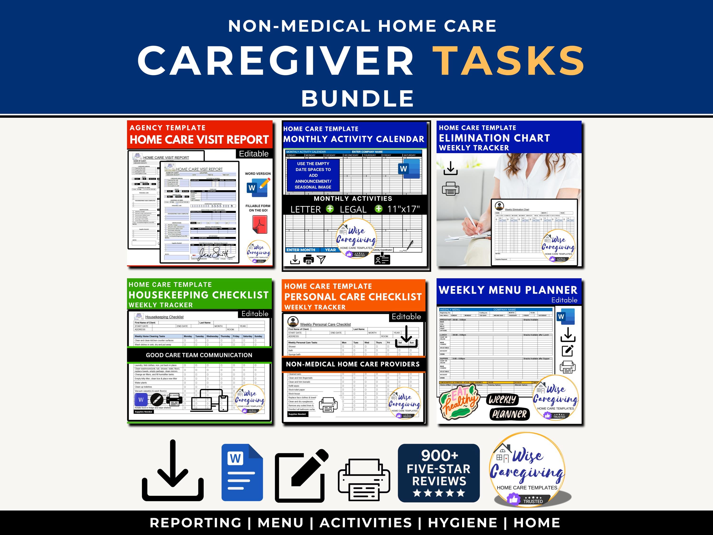 Caregiver Task Checklist Bundle: Menu Planning, Activities, Hygiene ...