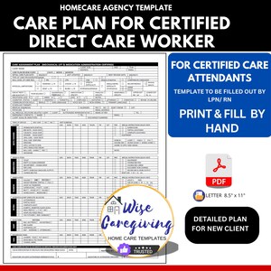 Home Care Plan for CNA, Certified Care Worker Tasks, ADL Assessment, All Information Fits on One Sheet, Print and Fill by Hand, PDF Form