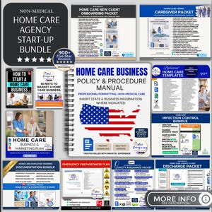 May include: A comprehensive home care agency start-up bundle featuring a central policy and procedure manual with a US flag graphic, surrounded by various digital templates including onboarding, caregiver, infection control, and discharge packets.