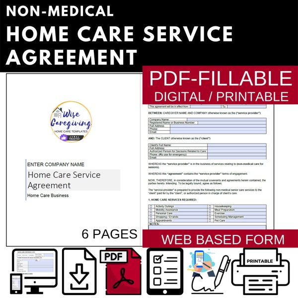 Home Care Service Agreement Fillable Form Template, Non Medical Professional Contract, Edit Wording, Digitally Sign, Print and Fill by Hand