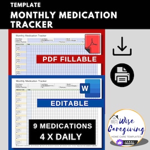 Monthly Medication Tracker Template, Fillable Medication Chart, Home Care Business, Personal Care, Adobe & MS Word, Add LOGO, Printable