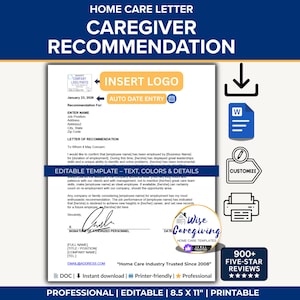 Caregiver Letter of Recommendation: Professional Home Care Employee Template | MS Word | Editable | Printable