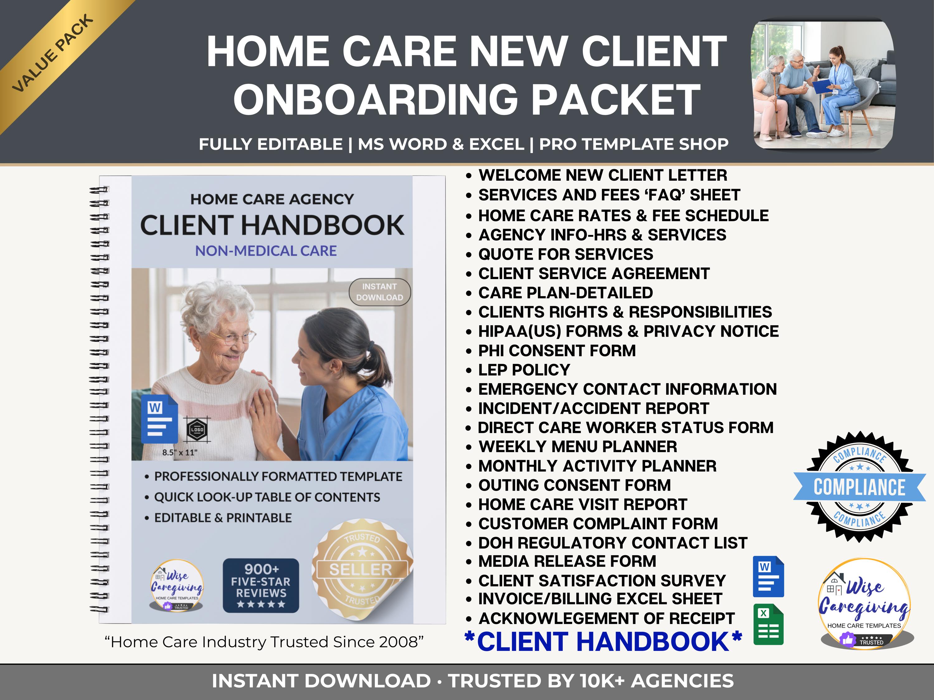 Non-medical Home Care Client Handbook: Editable MS Word & Excel Forms ...