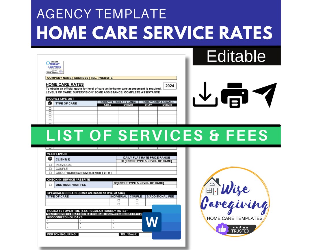 Home Care Rates Template, Agency Service Price List, Caregiving Fees
