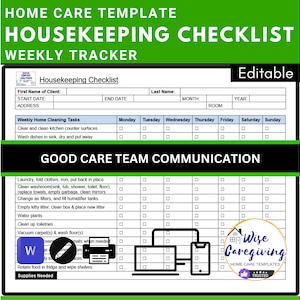 Home Care Housekeeping Checklist Template, Cleaning Chart, Caregiving Task List, Care Attendant Job Duties, MS Word Doc, Insert LOGO