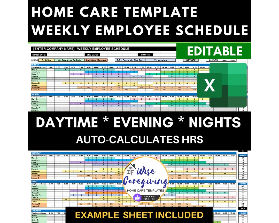 Weekly Company Schedule Template, Employee Shift, Track Client Visits, Caregiver Schedule, Auto-calculates Employee Hours, Editable, Print - Etsy weekly-company-schedule-template-employee-shift-track-client-visits-caregiver-schedule-auto-calculates-employee-hours-editable-print-etsy