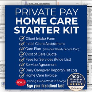 May include: A dark blue graphic with the text "PRIVATE PAY HOME CARE STARTER KIT" and a list of forms, including a client intake form and a care plan. The graphic also includes a bonus pricing guide and 900+ five-star reviews.