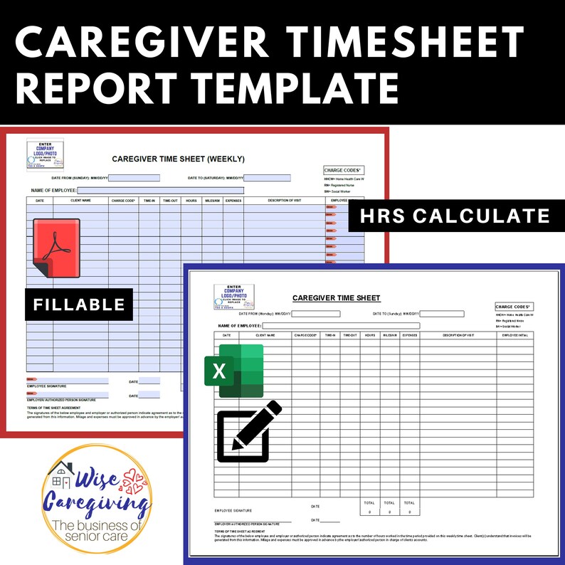 Caregiver Timesheet Template Caregiving Description of Hours Etsy