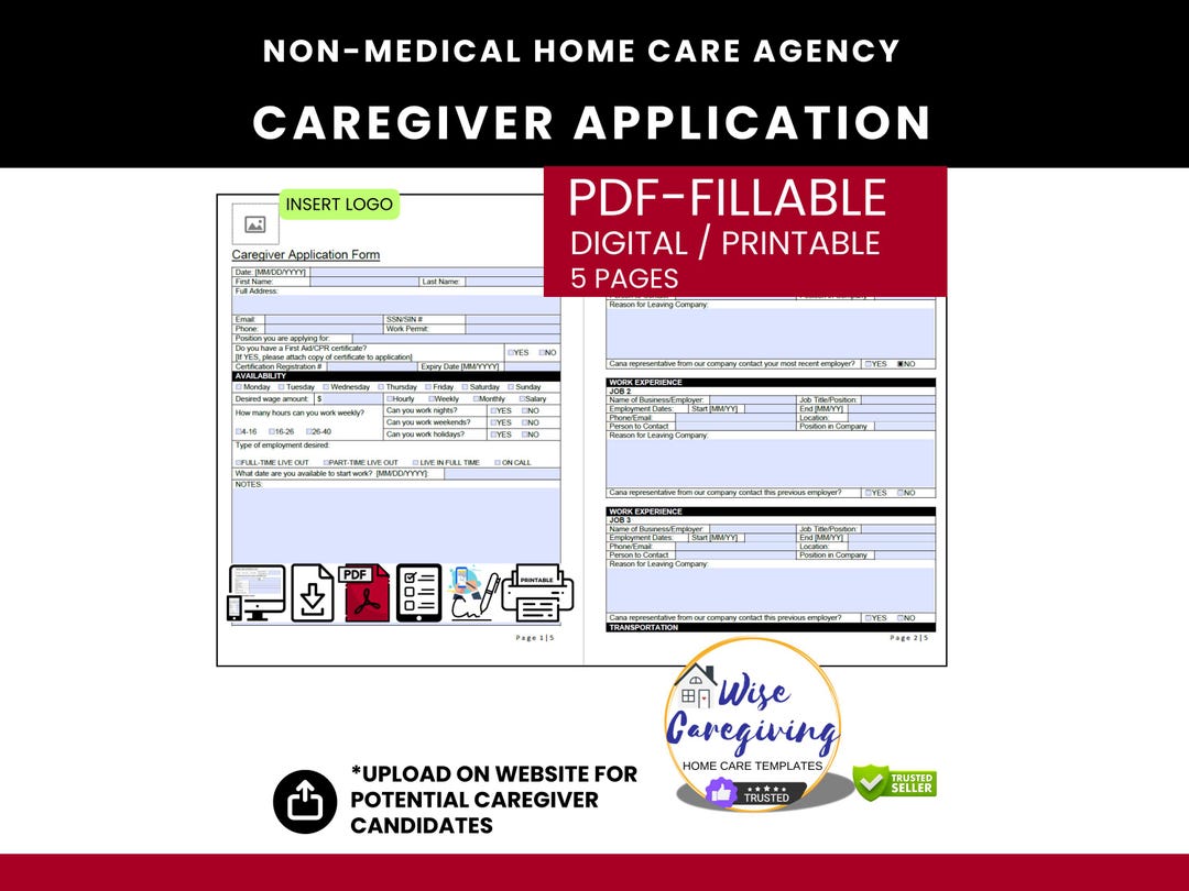 Caregiver Application Form Template, Home Care Staffing (fillable PDF ...