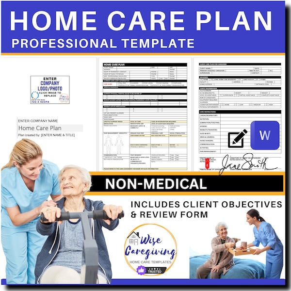 Caregiving Plan, Professional Home Care Agency Templates, Non Medical , Caregiver Tasks,  Editable Forms, Insert Company LOGO, Printable