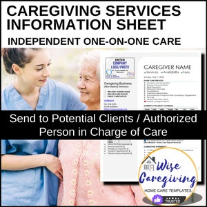 Caregiving Services and Fees Template, Non-Medical Private Duty, Independent Caregiver Services Sheet, MS Word Document, Printable
