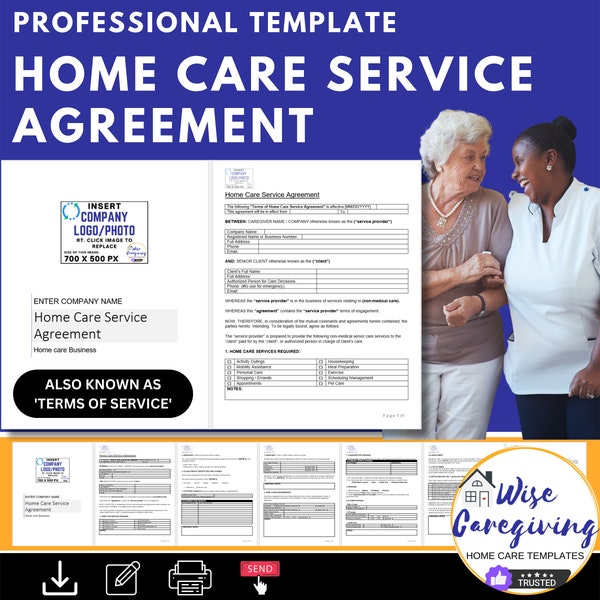 Home Care Terms of Service Agreement Template, Business Contract, Personal Care Agency, Caregiving Contract, Non-Medical, Editable, Print