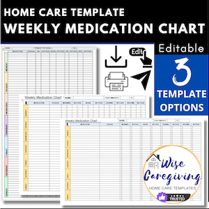 Weekly Medication Chart Templates, Up to 9 Daily Medication Slots, Home Care Tracker Forms, Caregiver Visit, 3 Format Options, MS Word Doc