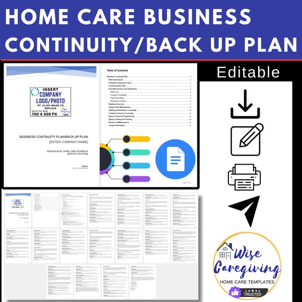 Home Care Business Continuity-Back Up Plan Template, Agency Emergency Protocols and Procedures, Table of Contents, Word Document, LOGO, Edit