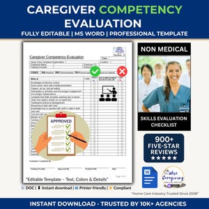 Non Medical Caregiver Competency Evaluation Checklist: Home Care Template | MS Word | Editable | Printable