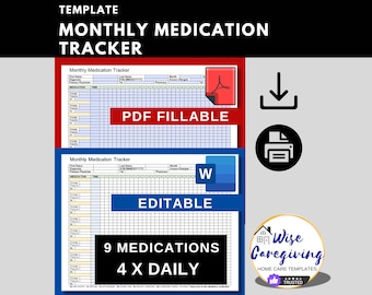 Monthly Medication Tracker Template, Fillable Medication Chart, Medical Log, Adobe Fillable Form and MS Word Format, Insert Logo, Printable