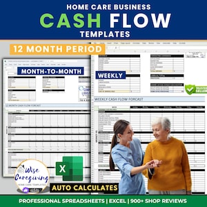 Home Care Financial Projection Templates: Monthly & Weekly Cashflow for 12 Months | Excel Spreadsheet | Printable