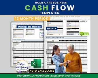 Home Care Financial Projection Templates: Monthly & Weekly Cashflow for 12 Months | Excel Spreadsheet | Printable