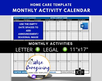 Monthly Activity Calendar Template, Monthly Event Planner, Social Activities, Caregiving, Personal Care Service, MS Word Document, Printable