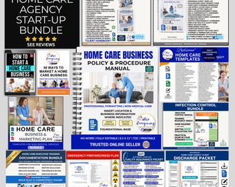 May include: A comprehensive home care agency start-up bundle featuring multiple digital document packets, including a policy and procedure manual, caregiver hiring forms, client onboarding materials, marketing plans, and training documentation for non-medical services.